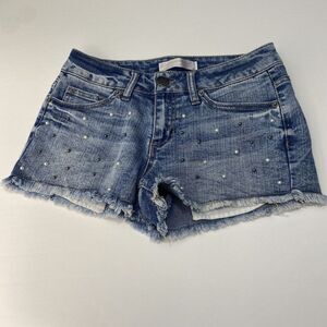 Blue Denim Pearl Accent Cut Off Shorts Raw Hem Boho Size 9 Women's Summer Summer